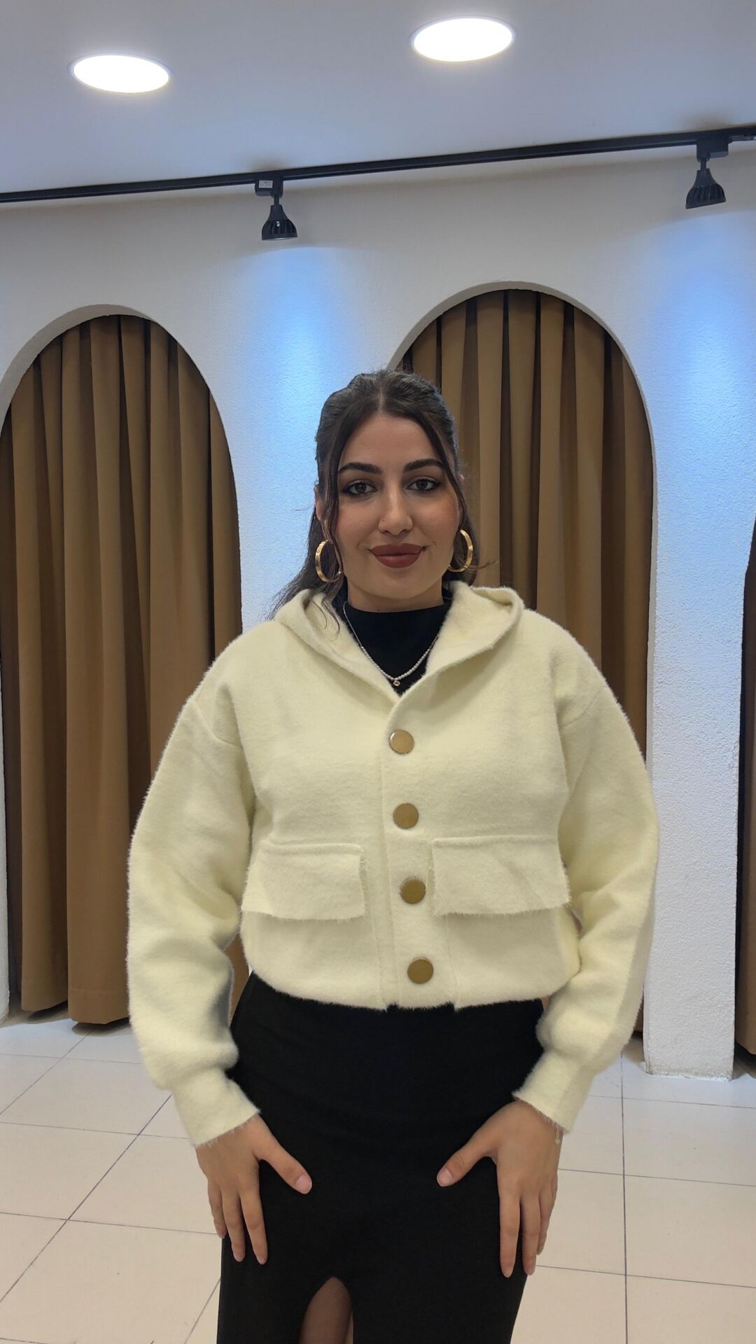 KREM ÇITÇIT KAPİŞONLU HIRKA