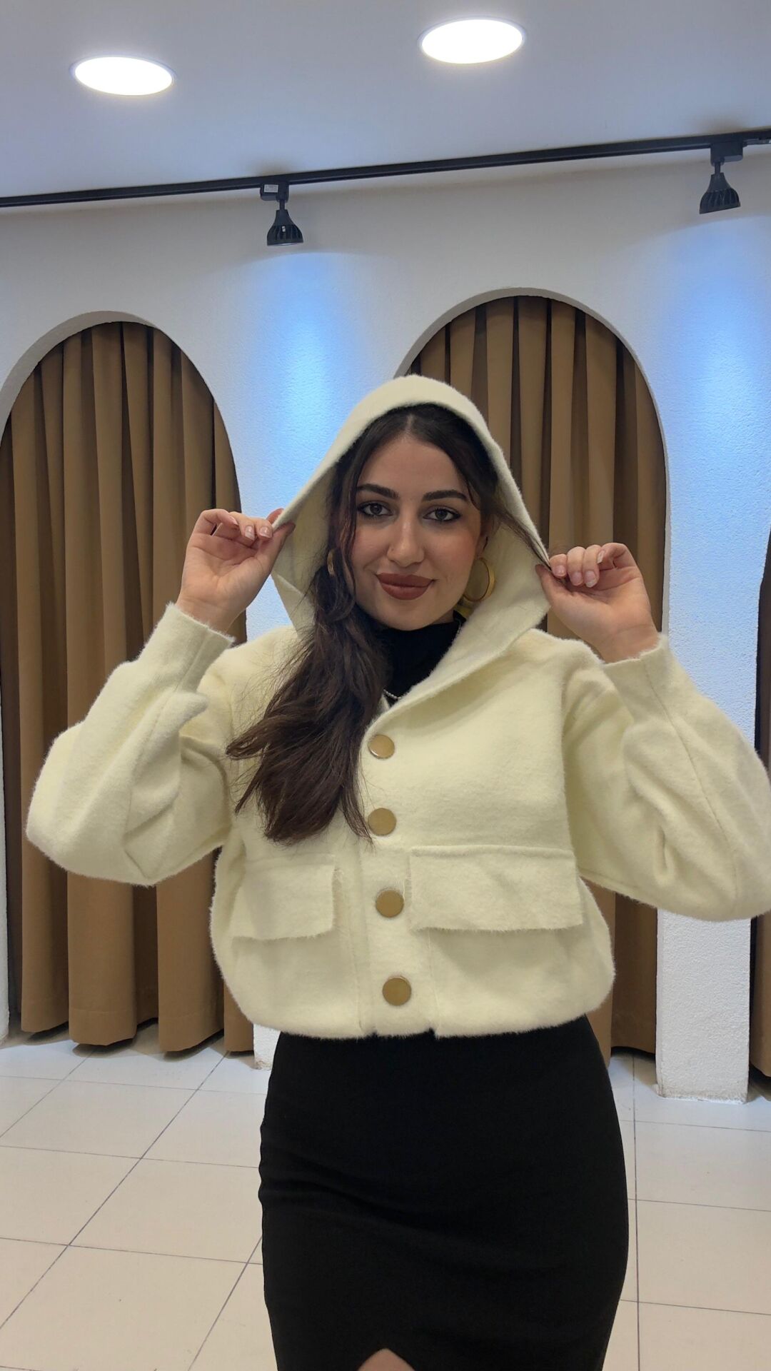 KREM ÇITÇIT KAPİŞONLU HIRKA