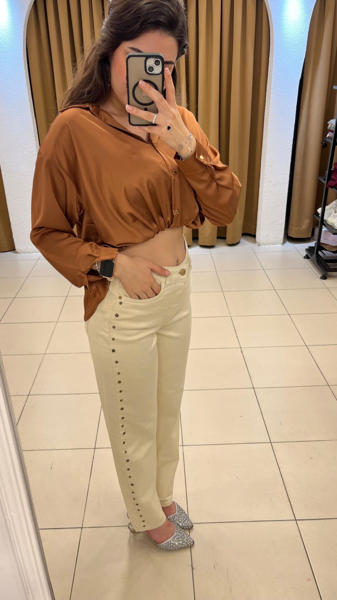 KREM YANLARI ZIMBALI YÜKSEK BEL PANTOLON