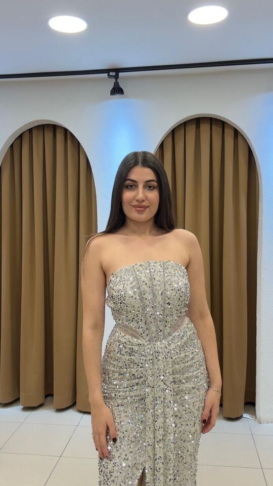 GÜMÜŞ STRAPLEZ PAYETLİ ABİYE 42 - GÜMÜŞ