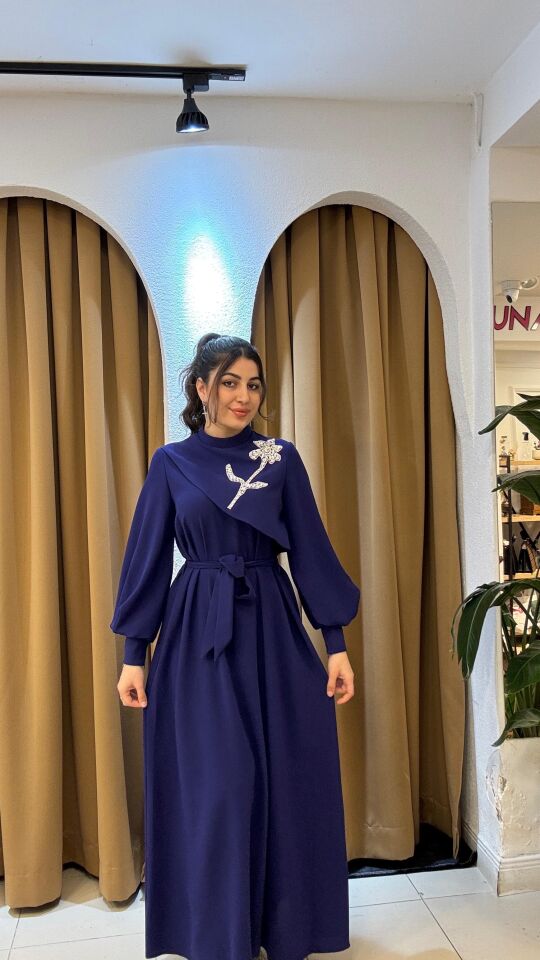 MOR TAŞ DETAYLI TESETTÜR ABİYE