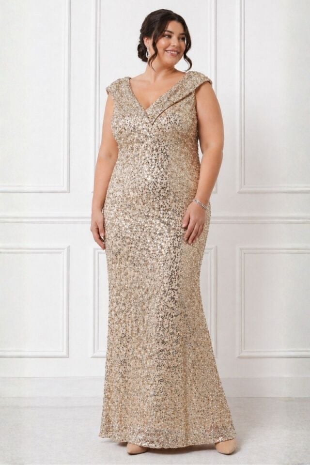 Kadın Büyük Beden Altın Pul Payetli Abiye Elbise V Yaka Uzun Abiye Düğün Nişan Gece Davet Elbisesi 52