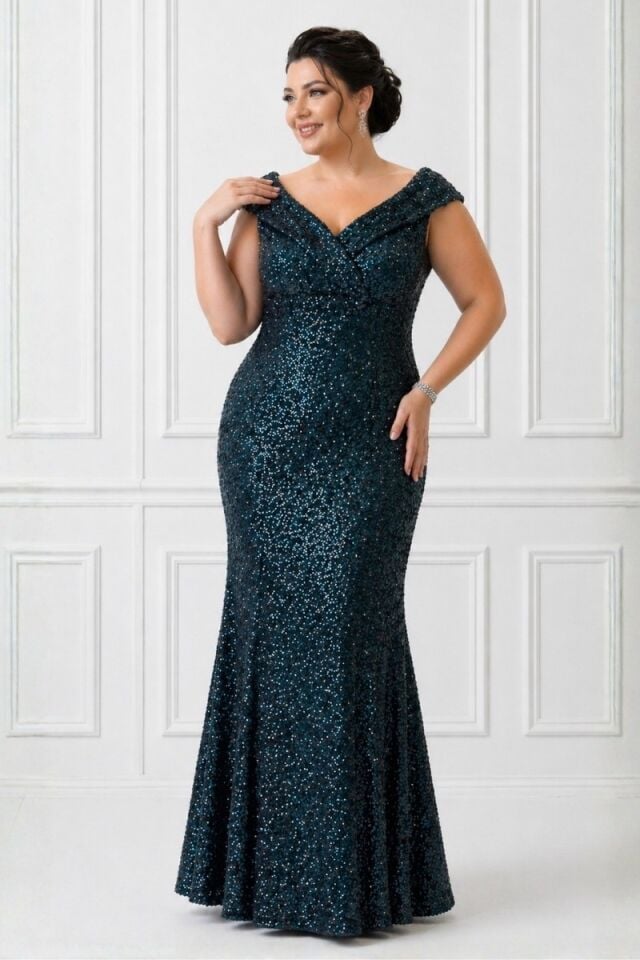 Petrol Mavisi Büyük Beden Abiye Elbise Pul Payet İşlemeli V Yaka Uzun Gece Elbisesi 52