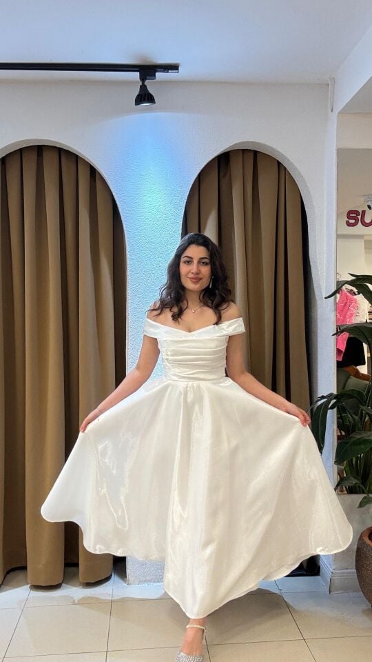 BEYAZ MADONNA YAKA MİDİ BOY  ELBİSE BEYAZ - 38