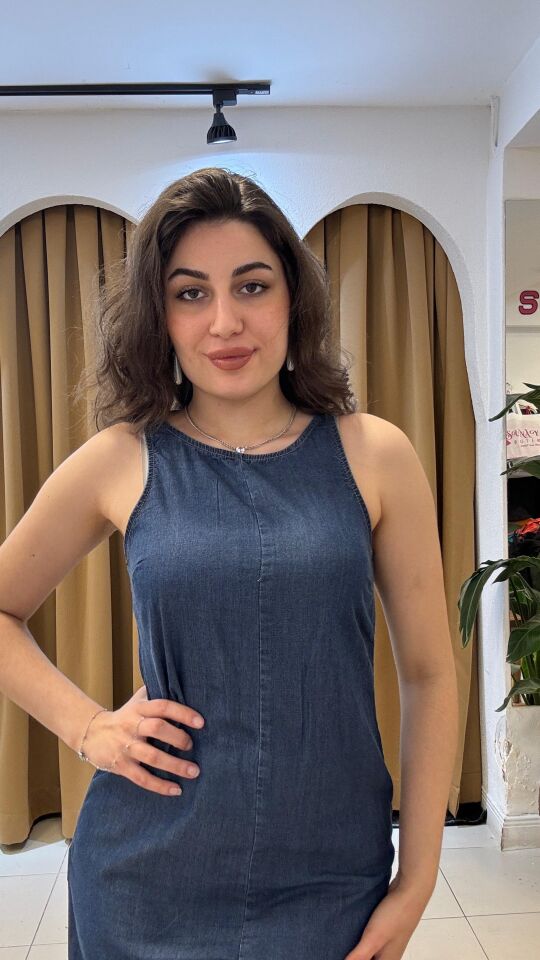 KOYU MAVİ KOT ELBİSE