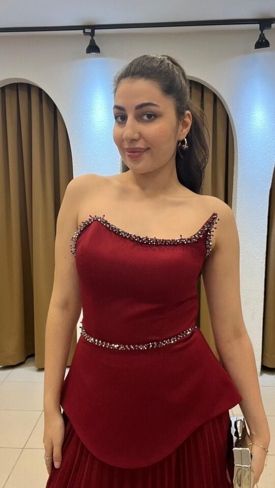 BORDO STRAPLEZ PİLELİ UZUN ABiYE