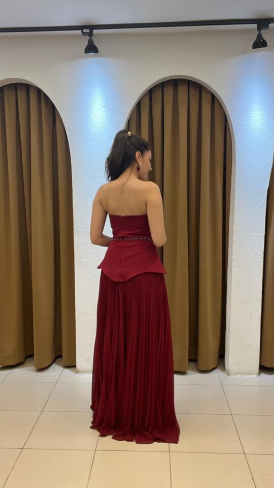 BORDO STRAPLEZ PİLELİ UZUN ABiYE