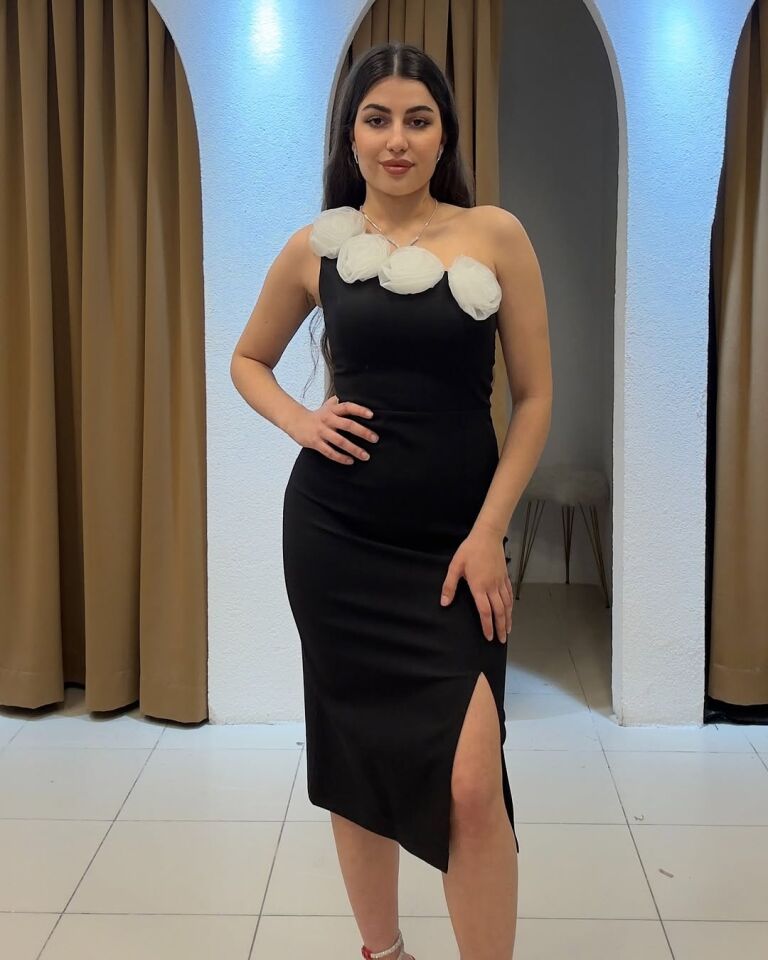 SİYAH GÜL DETAYLI ELBİSE