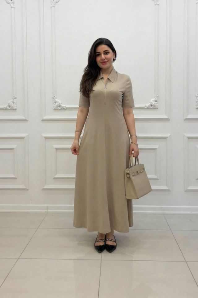 Bej Yaka Fermuarlı Uzun Triko Elbise 42