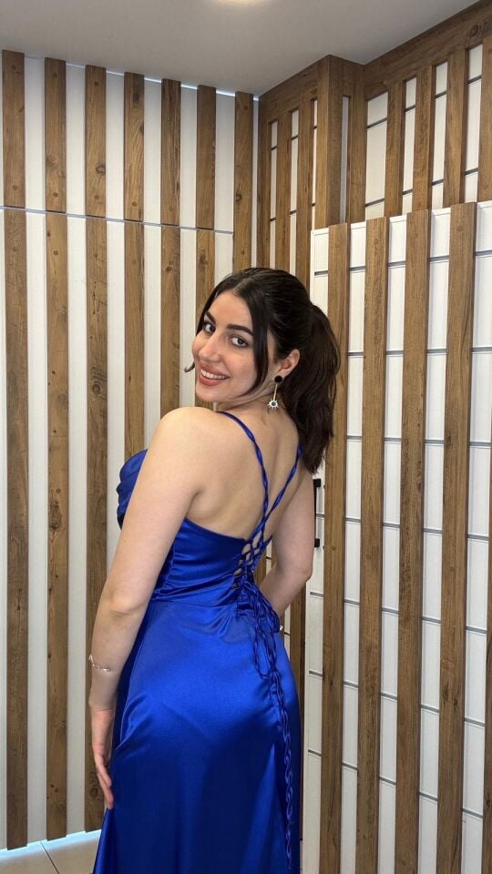 Saks mavisi ip askılı sırt bağlamalı uzun abiye elbise 42