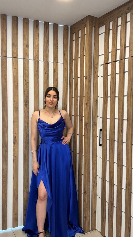 Saks mavisi ip askılı sırt bağlamalı uzun abiye elbise 42