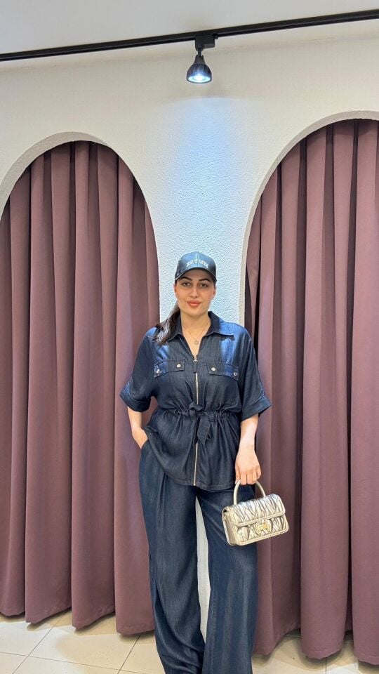 Premium Kısa kollu fermuarlı belden bağlamalı gold cep detaylı kot üst ve kot gold düğmeli salaş pantolon takım 36