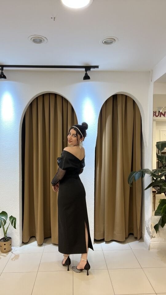 SİYAH TÜLLÜ  MİDİ ABİYE