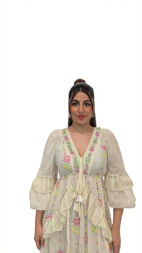 Kruvaze Yaka Fırfırlı Hint Elbisesi Standart
