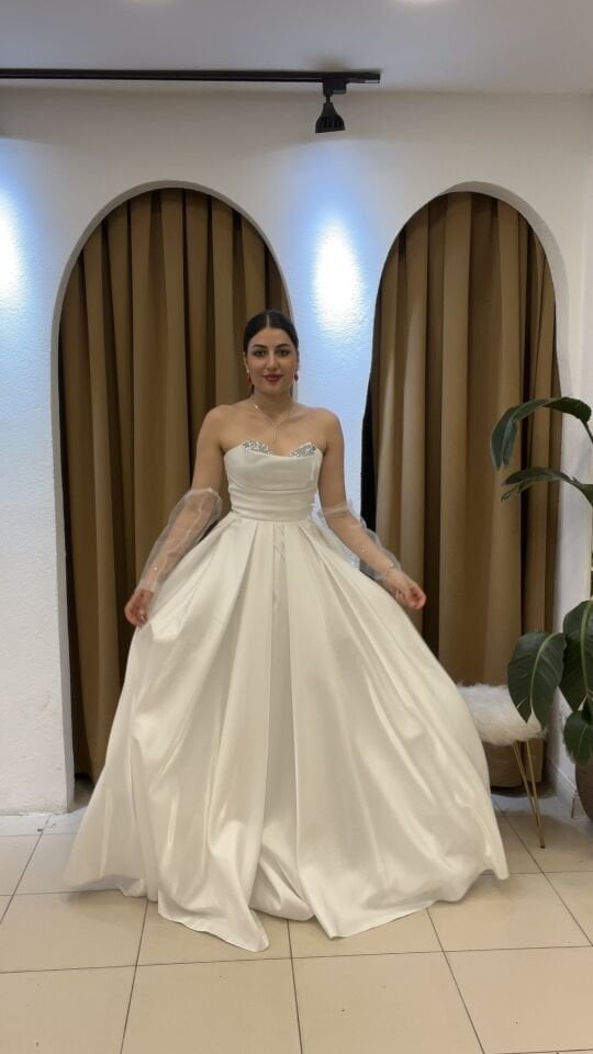 BEYAZ STRAPLEZ TAŞ İŞLEMELİ SATEN ELDİVENLİ ABİYE BEYAZ - 44