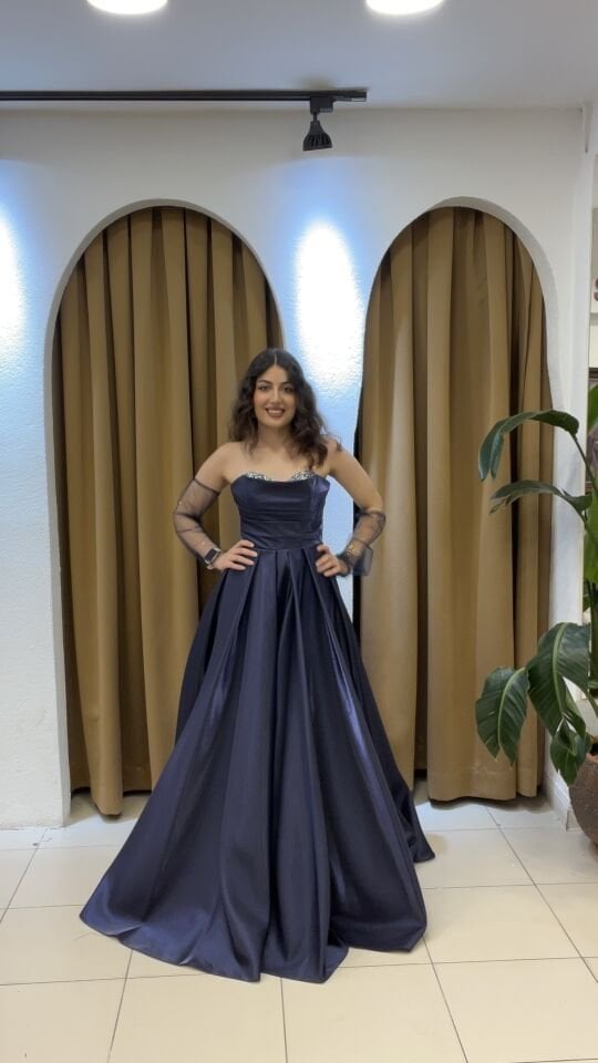 LACİVERT ELDİVENLİ STRAPLEZ ABİYE LACİVERT - 40