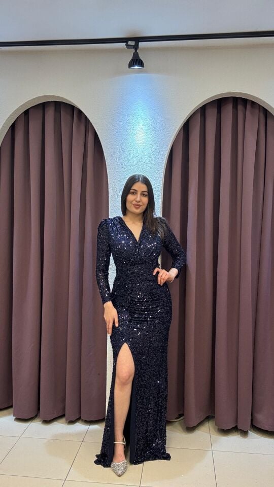 LACİVERT PAYETLİ UZUN KOLLU V YAKA YIRTMAÇLI ABiYE 44