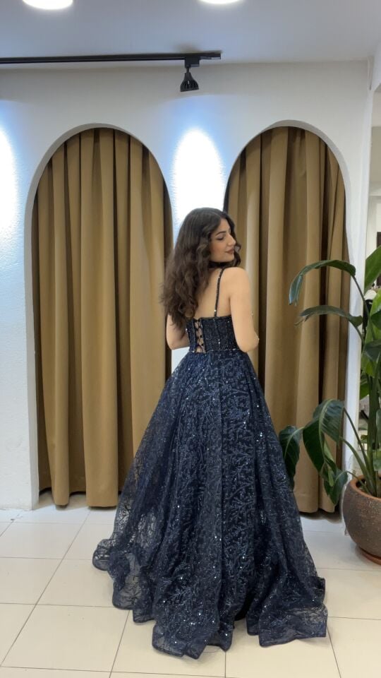 LACİVERT  KORSE DETAYLI KABARIK KINA ELBİSE