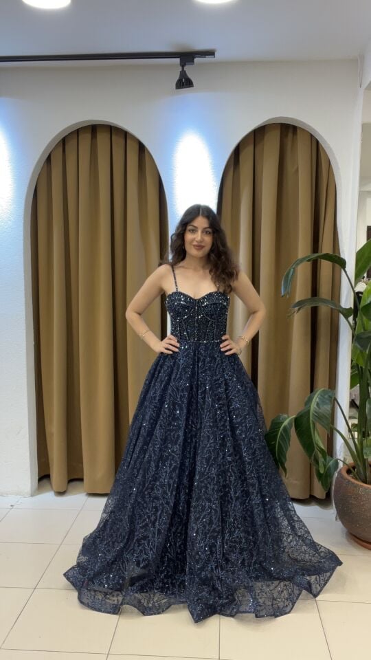 LACİVERT  KORSE DETAYLI KABARIK KINA ELBİSE