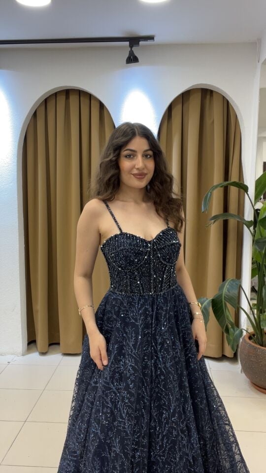 LACİVERT  KORSE DETAYLI KABARIK KINA ELBİSE