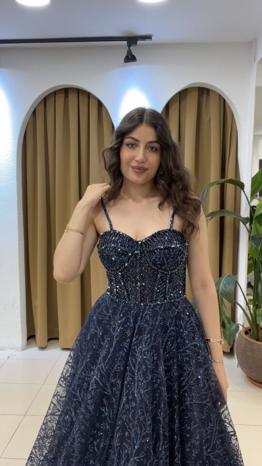 LACİVERT  KORSE DETAYLI KABARIK KINA ELBİSE 42