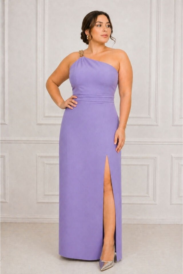 Lila Tek Omuz Yırtmaçlı Büyük Beden Uzun Abiye Mezuniyet Davet Elbisesi 52