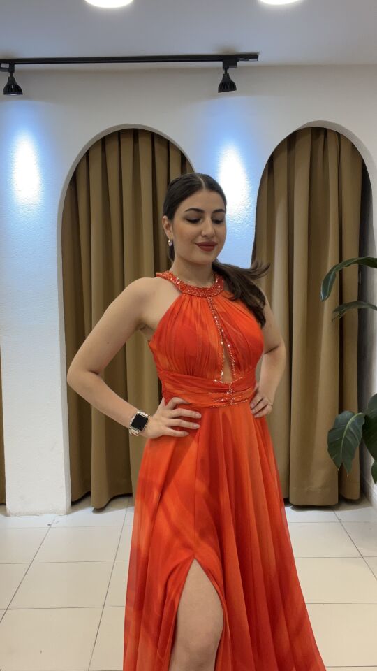 TURUNCU HALTER YAKA ABİYE