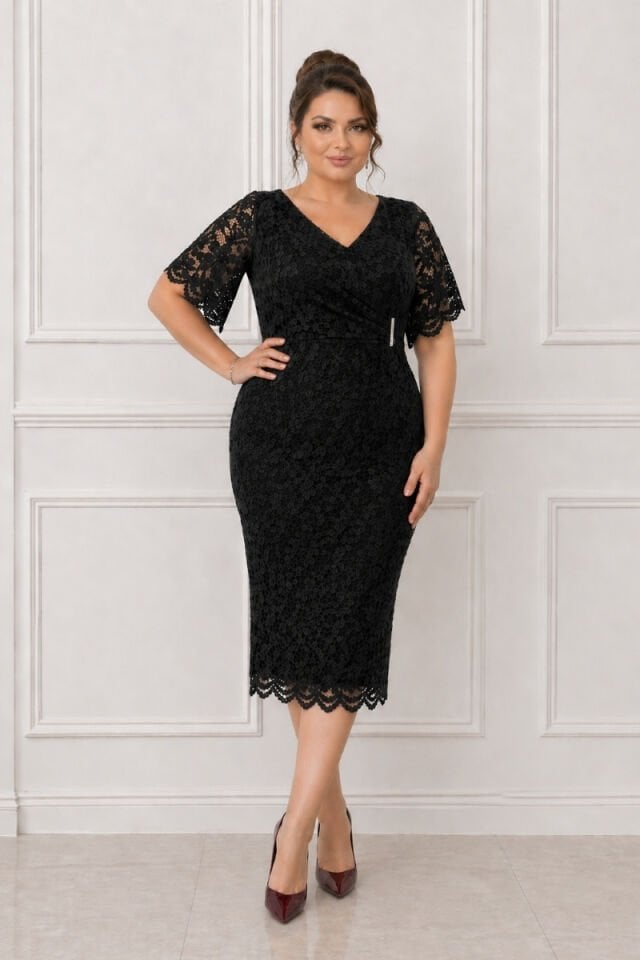 Büyük Beden Siyah Dantel Abiye Elbise V Yaka Taş Detay Diz Altı Şık Gece Elbisesi 52