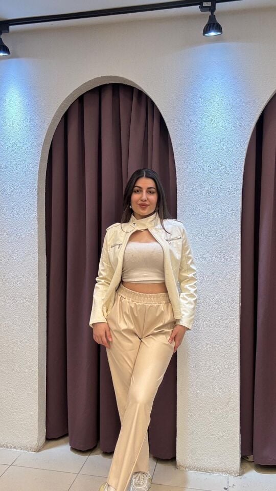 BEJ BELLİ LASTİKLİ DERİ PANTOLON