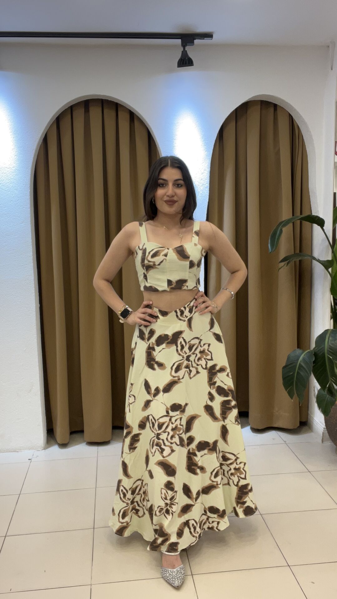 BEJ DESENLİ KETEN BLUZ