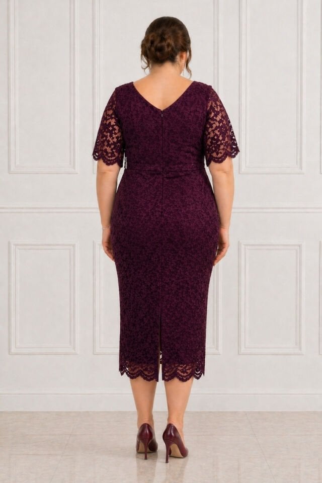 Büyük Beden Mürdüm Dantel Abiye Elbise V Yaka Taş Detay Midi Boy Şık Davet Elbisesi 52