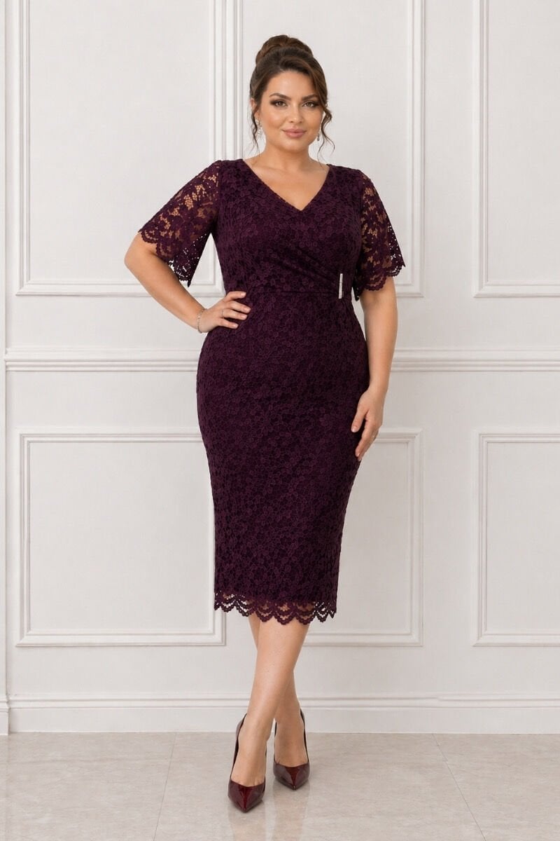 Büyük Beden Mürdüm Dantel Abiye Elbise V Yaka Taş Detay Midi Boy Şık Davet Elbisesi 52