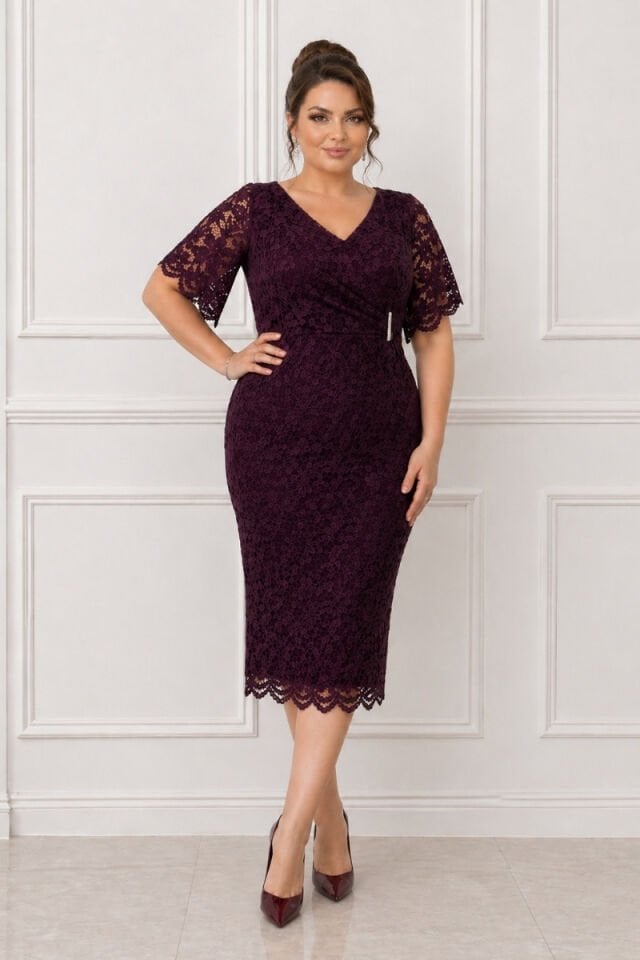 Büyük Beden Mürdüm Dantel Abiye Elbise V Yaka Taş Detay Midi Boy Şık Davet Elbisesi 52