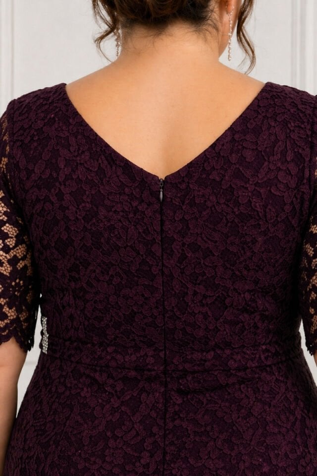 Büyük Beden Mürdüm Dantel Abiye Elbise V Yaka Taş Detay Midi Boy Şık Davet Elbisesi 52