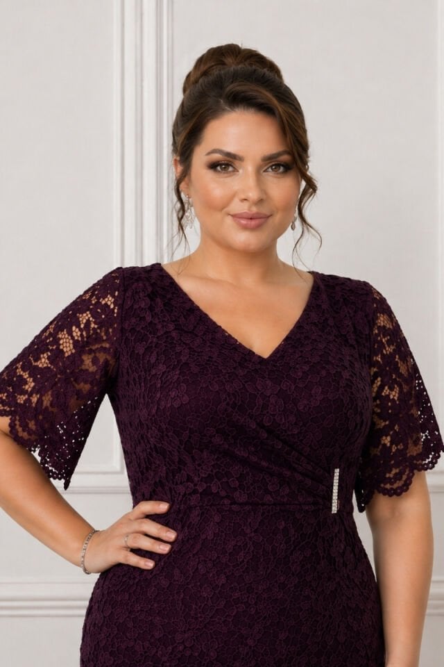 Büyük Beden Mürdüm Dantel Abiye Elbise V Yaka Taş Detay Midi Boy Şık Davet Elbisesi 52