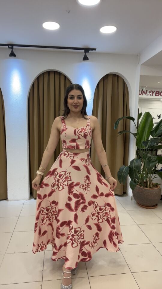 PEMBE DESENLİ KETEN TAKIM