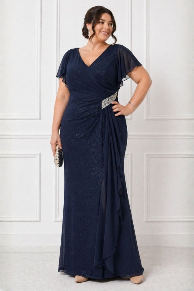 Lacivert Büyük Beden Abiye Elbise Taş İşlemeli Pırıltılı Tül Detaylı Yırtmaçlı Uzun Abiye 52
