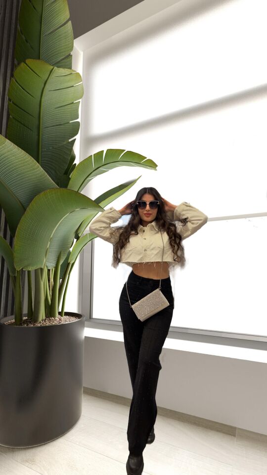 SİYAH ÇİZGİLİ TAŞLI PANTOLON