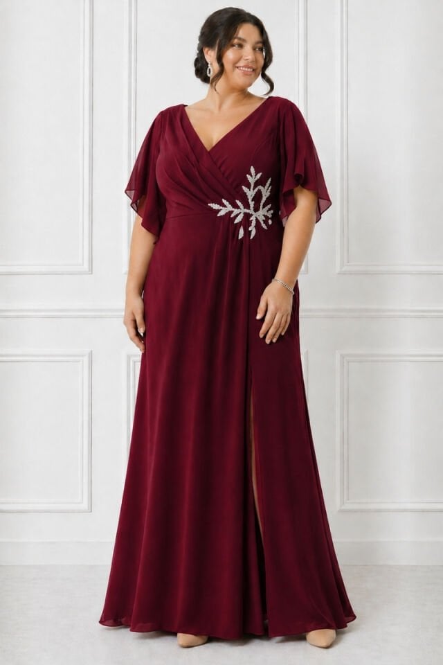 Bordo Büyük Beden Abiye Elbise V Yaka Şifon Kol Taş İşlemeli Yırtmaçlı Uzun Elbise 52