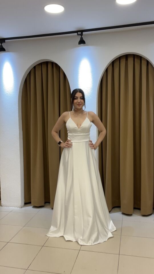 BEYAZ İP ASKILI V YAKA UZUN ABİYE 44