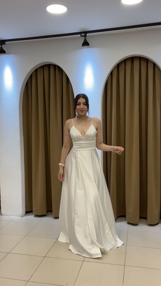 BEYAZ İP ASKILI V YAKA UZUN ABİYE 44