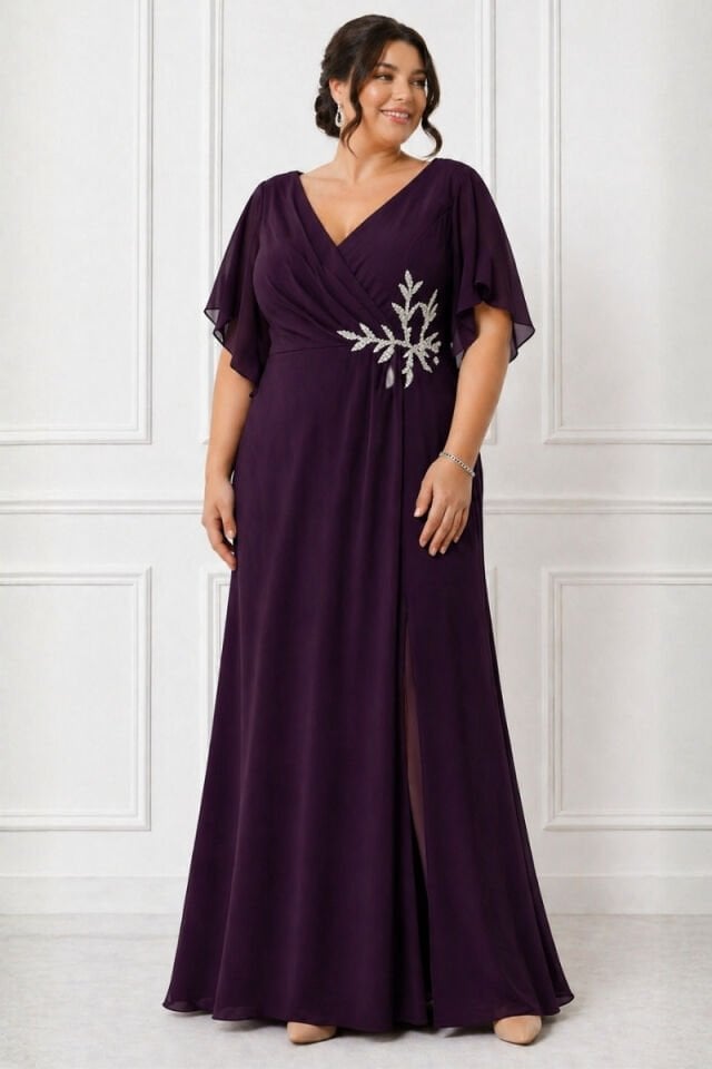 Büyük Beden Mor Abiye Elbise V Yaka Drapeli Taş İşlemeli Şifon Kol Yırtmaçlı Uzun 52