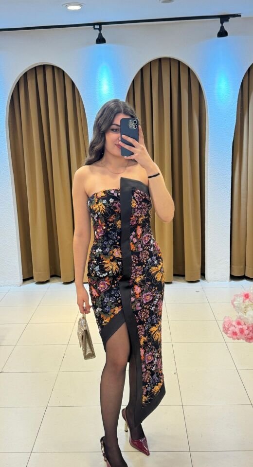 SİYAH ASİMETRİK KESİM STRAPLEZ ABİYE