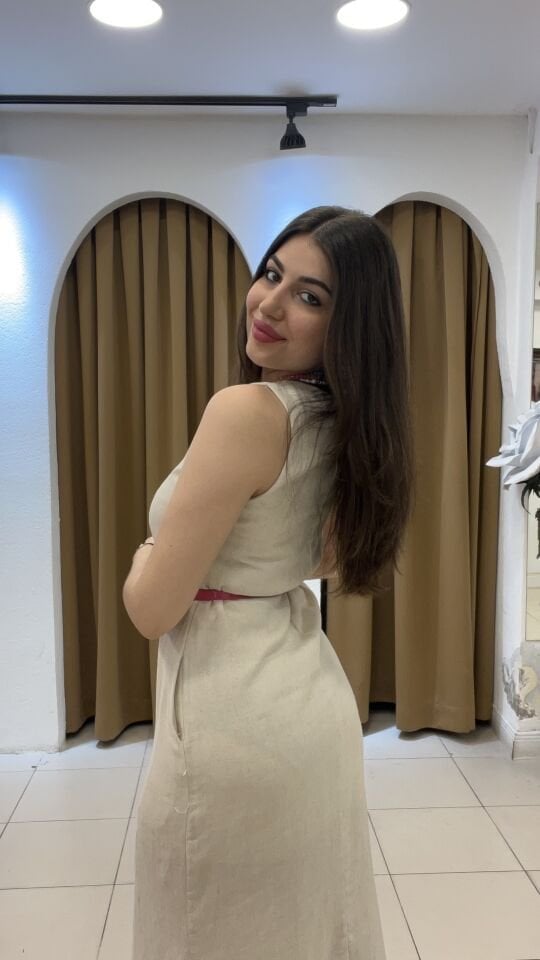 KREM KETEN KALIN ASKILI ELBİSE