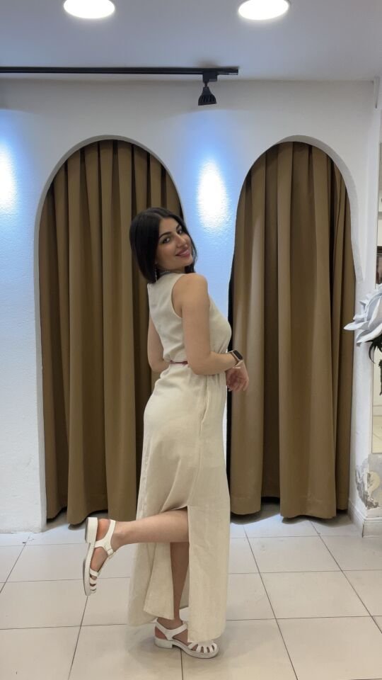 KREM KETEN KALIN ASKILI ELBİSE