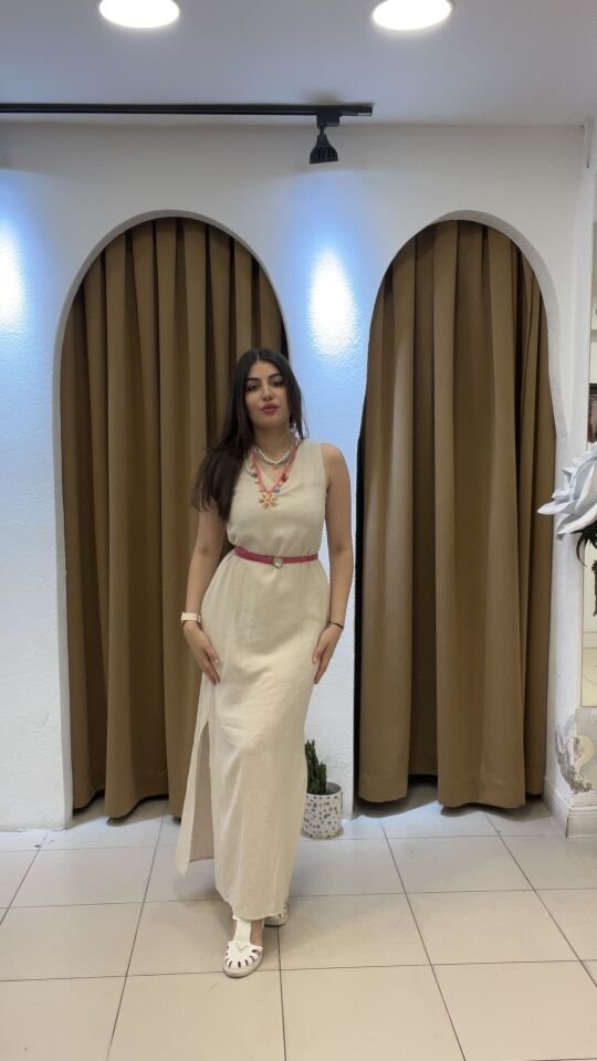 KREM KETEN KALIN ASKILI ELBİSE