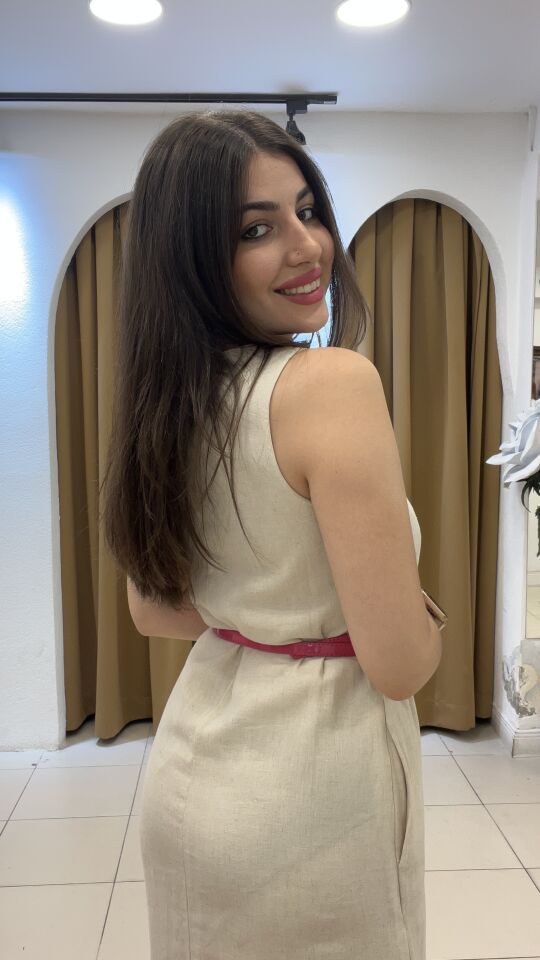 KREM KETEN KALIN ASKILI ELBİSE