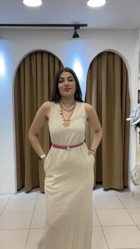 KREM KETEN KALIN ASKILI ELBİSE