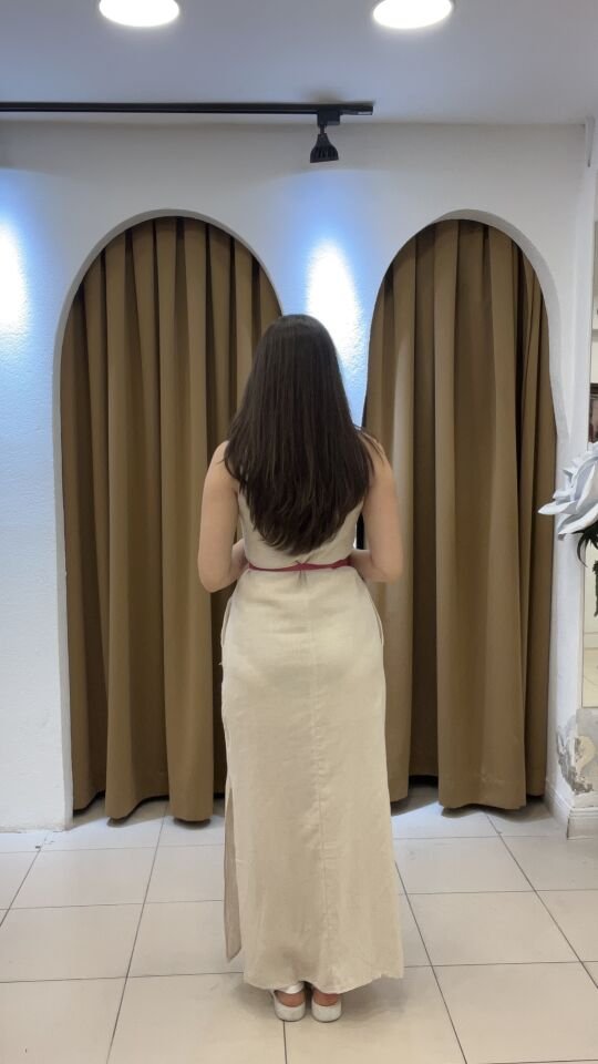 KREM KETEN KALIN ASKILI ELBİSE