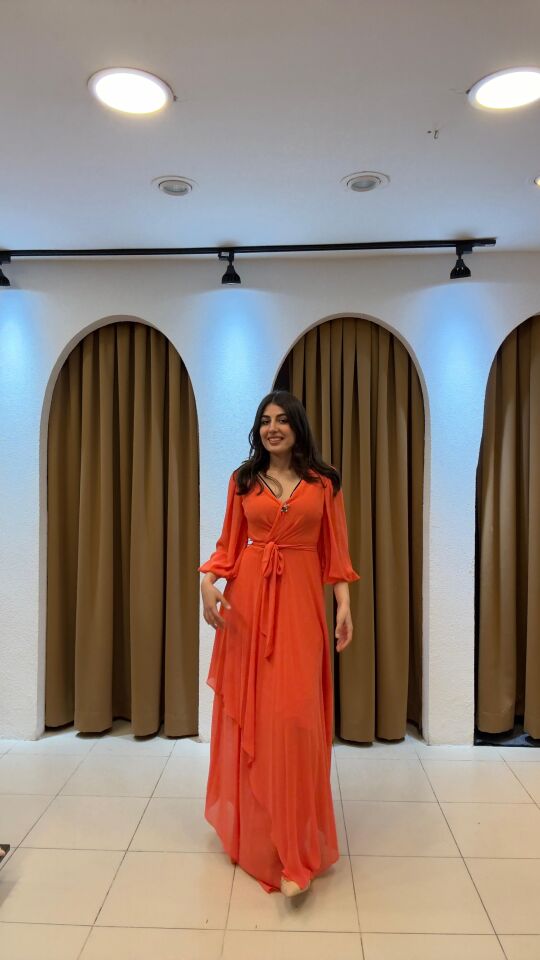 TURUNCU ASİMETRİK KESİM ELBİSE